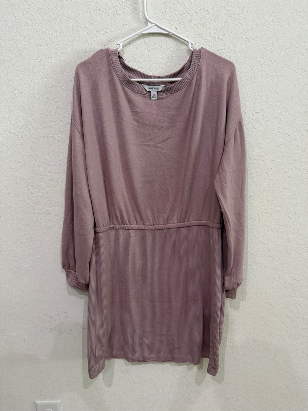 Nine West Mauve Long Sleeve Knit Waist-Detail Dress